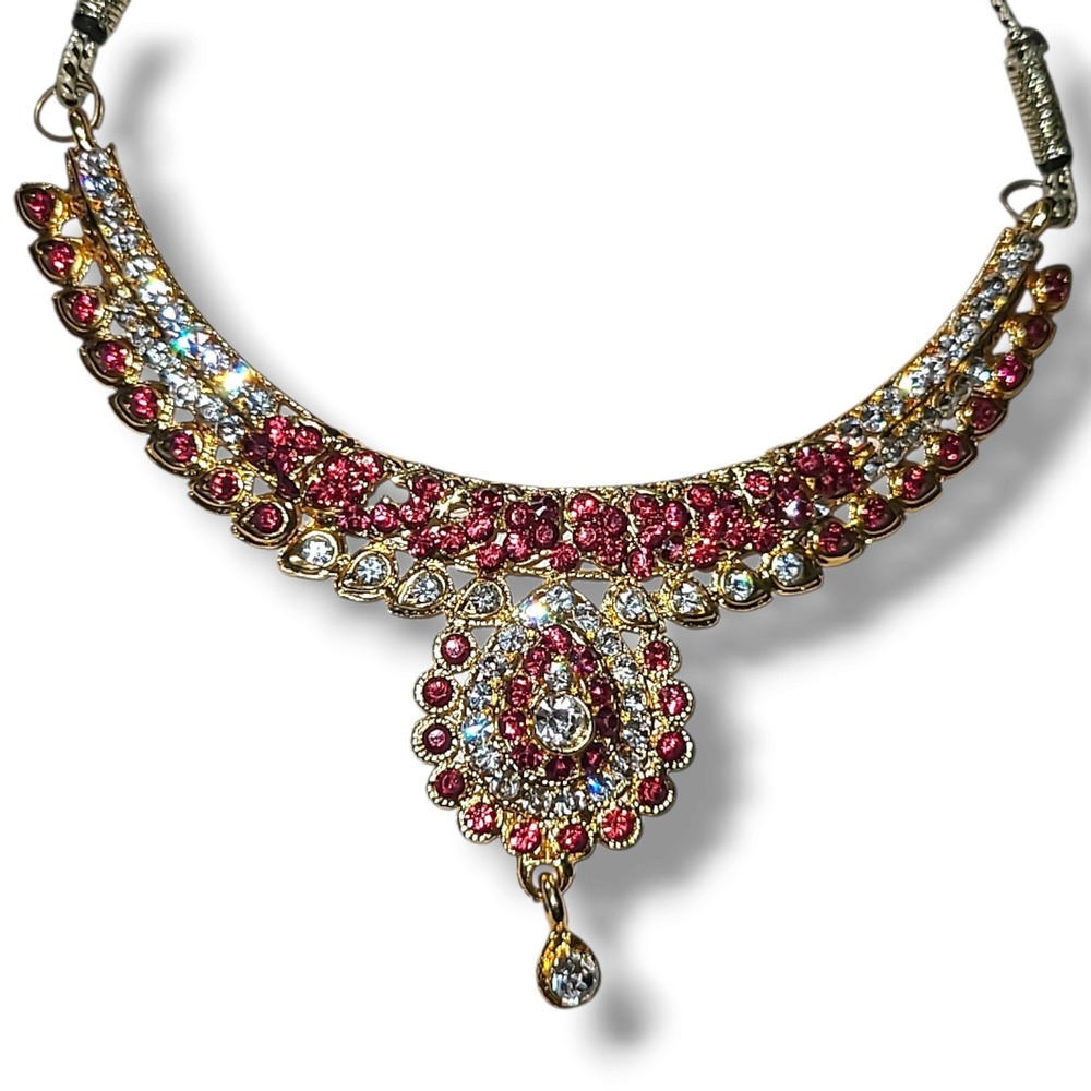 Vintage Bollywood Style Gold Tone Red & White Rhinestone Statement Necklace
